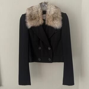 Loft Cropped Double Breasted Bomber Black Jacket XXS Removable Faux Fur Collar